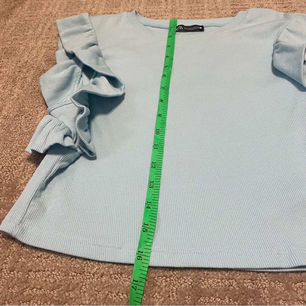 {Zara} Baby Blue Ribbed Sleeveless Crop Top | Ruffles ~ Size Small - Picture 14 of 16